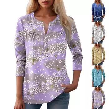 Женская мода повседневный топ с длинным рукавом и круглым вырезом с цветочным принтом L светло-фиолетовый