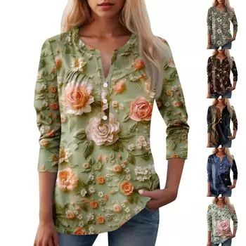 Женская мода повседневный топ с длинным рукавом и круглым вырезом с цветочным принтом S