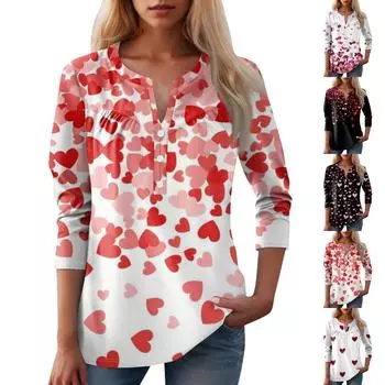 Женская мода повседневный топ с длинным рукавом и круглым вырезом с цветочным принтом S красный