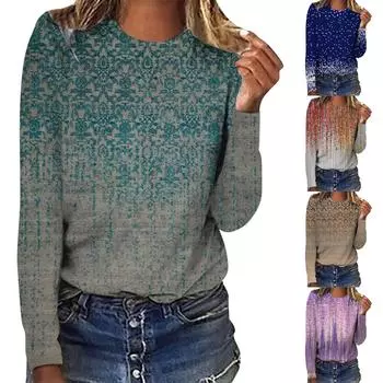 Женская мода повседневный топ с длинным рукавом с градиентным принтом и круглым вырезом XXL фиолетовый