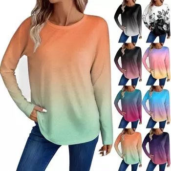 Женская мода повседневный топ с длинным рукавом с цветочным принтом и круглым вырезом L темно-фиолетового