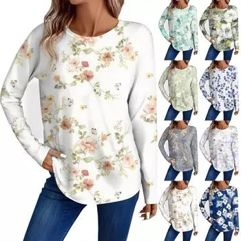 Женская мода повседневный топ с длинным рукавом с цветочным принтом и круглым вырезом XL винный
