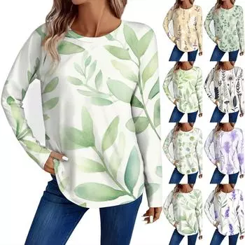 Женская мода повседневный топ с длинным рукавом с цветочным принтом и круглым вырезом S