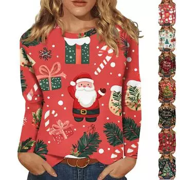 Женская мода повседневный топ с длинным рукавом с рождественским принтом и круглым вырезом M бежевый