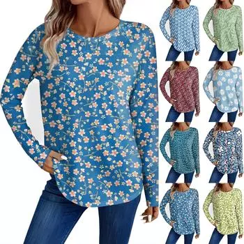 Женская мода повседневный топ с длинным рукавом с цветочным принтом и круглым вырезом L темно-фиолетового