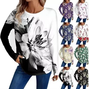 Женская мода повседневный топ с длинным рукавом с цветочным принтом и круглым вырезом L темно-фиолетового