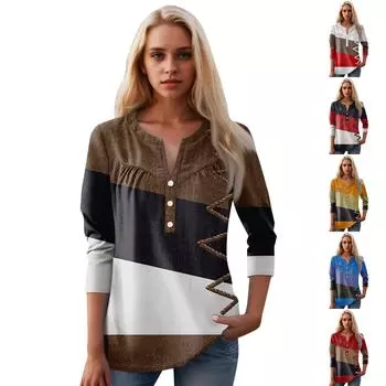 Женская мода повседневный топ с длинным рукавом и круглым вырезом с цветочным принтом L кофейный