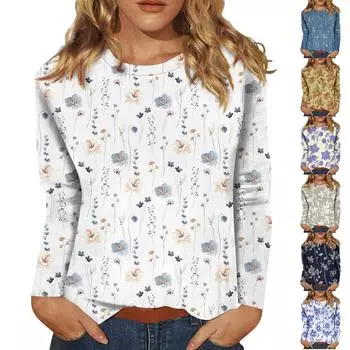 Женская мода повседневный топ с длинным рукавом с цветочным принтом и круглым вырезом XXL синий