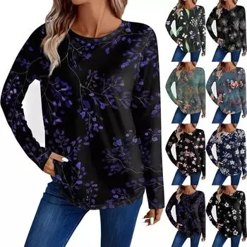 Женская мода повседневный топ с длинным рукавом с цветочным принтом и круглым вырезом M розовый