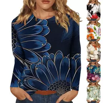 Женская мода повседневный топ с длинным рукавом и круглым вырезом с цветочным принтом XXXL золотой