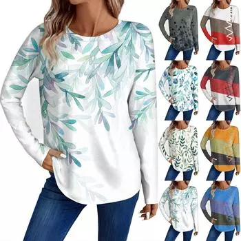 Женская мода повседневный топ с длинным рукавом с цветочным принтом и круглым вырезом L темно-фиолетового