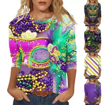 Женская мода повседневный топ с длинным рукавом и круглым вырезом с цветочным принтом S