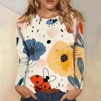 Женская мода повседневный топ с длинным рукавом с цветочным принтом и круглым вырезом L бежевый