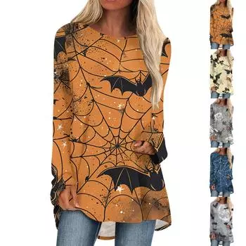 Женская мода повседневный топ с длинным рукавом и принтом на Хэллоуин с круглым вырезом M бежевый