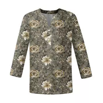Женская мода повседневный топ с длинным рукавом и круглым вырезом с цветочным принтом S