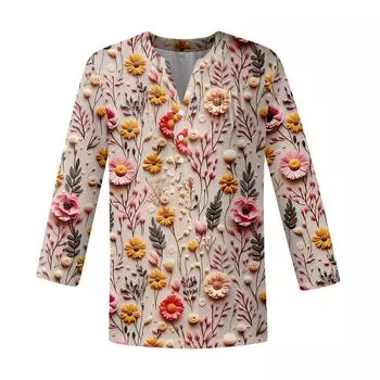 Женская мода повседневный топ с длинным рукавом и круглым вырезом с цветочным принтом S