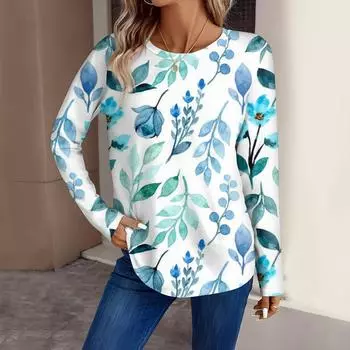 Женская мода повседневный топ с длинным рукавом с цветочным принтом и круглым вырезом L розовый