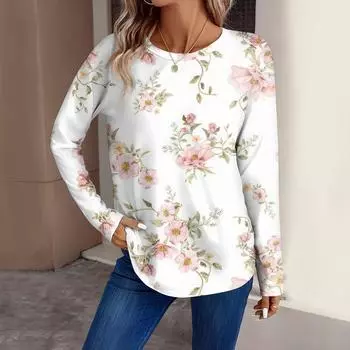 Женская мода повседневный топ с длинным рукавом с цветочным принтом и круглым вырезом XXXL фиолетовый