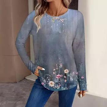 Женская мода повседневный топ с длинным рукавом с цветочным принтом и круглым вырезом XXXL красный