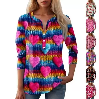 Женская мода повседневный топ с длинным рукавом и круглым вырезом с цветочным принтом XXL красный