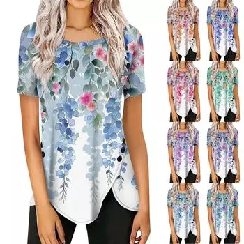 Женская мода, повседневный топ с коротким рукавом и круглым вырезом, боковые пуговицы, винтажный топ с цветочным принтом L синий