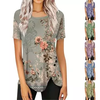 Женская мода, повседневный топ с коротким рукавом и круглым вырезом, боковые пуговицы, винтажный топ с цветочным принтом L