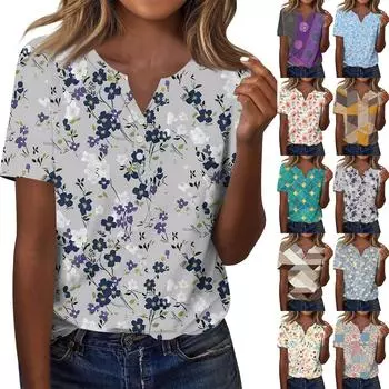 Женская мода повседневный топ с коротким рукавом и цветочным принтом L