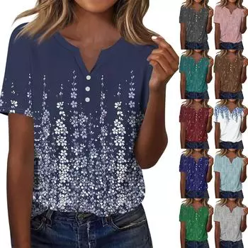 Женская мода повседневный топ с коротким рукавом и цветочным принтом L темно-синий