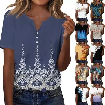 Женская мода повседневный топ с коротким рукавом и цветочным принтом XXL синий