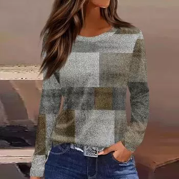 Женская мода повседневный топ с круглым вырезом и длинными рукавами и цветочным принтом L циан