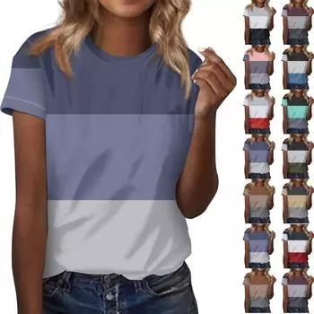 Женская мода повседневный топ с круглым вырезом и коротким рукавом с принтом L