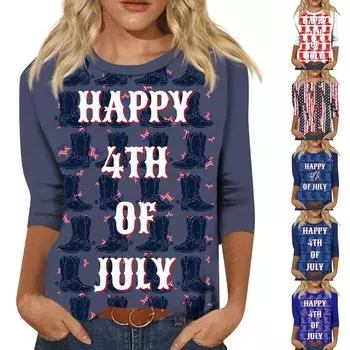 Женская мода повседневный топ с круглым вырезом и принтом на День независимости с семью рукавами L синий