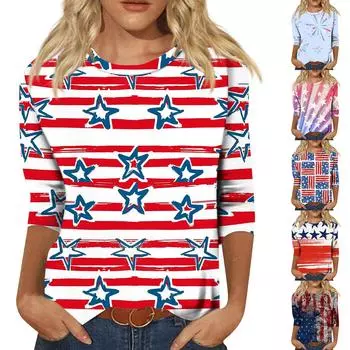Женская мода повседневный топ с круглым вырезом и принтом на День независимости с семью рукавами L синий