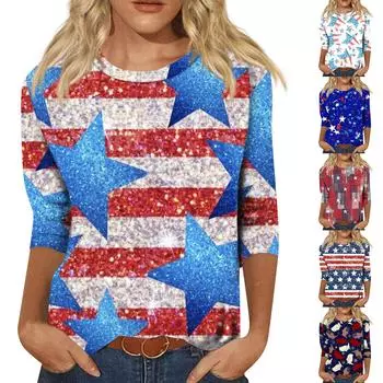 Женская мода повседневный топ с круглым вырезом и принтом на День независимости с семью рукавами L синий