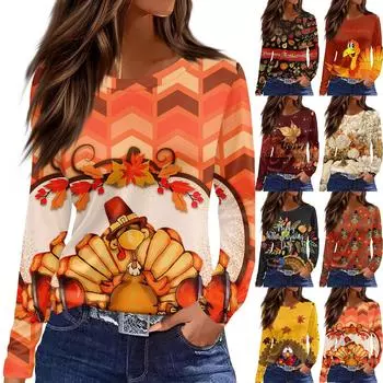 Женская мода повседневный топ с круглым вырезом и длинными рукавами на День благодарения с разрезом по низу XXXL коричневый