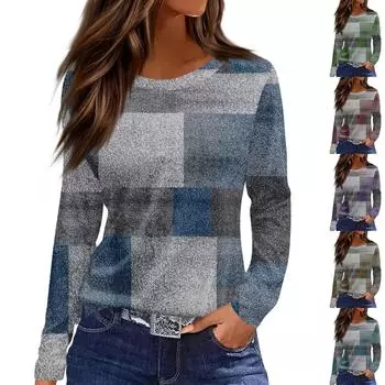 Женская мода повседневный топ с круглым вырезом и длинными рукавами и цветочным принтом L циан