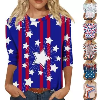 Женская мода повседневный топ с круглым вырезом и принтом на День независимости с семью рукавами L синий