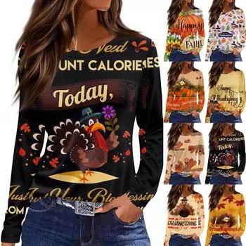 Женская мода повседневный топ с круглым вырезом и длинными рукавами на День благодарения с разрезом по низу M