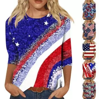 Женская мода повседневный топ с круглым вырезом и принтом на День независимости с семью рукавами L тёмно-синий