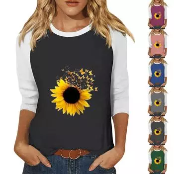 Женская мода, повседневный топ с круглым вырезом и рукавами с разрезом в стиле пэчворк, с принтом подсолнечника и семью рукавами L чёрный
