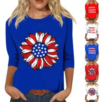 Женская мода повседневный топ с круглым вырезом и принтом на День независимости с семью рукавами L синий