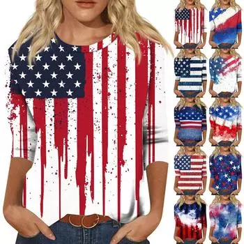 Женская мода повседневный топ с круглым вырезом и принтом на День независимости с семью рукавами XXL киноварь