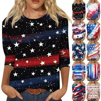 Женская мода повседневный топ с круглым вырезом и принтом на День независимости с семью рукавами M киноварь