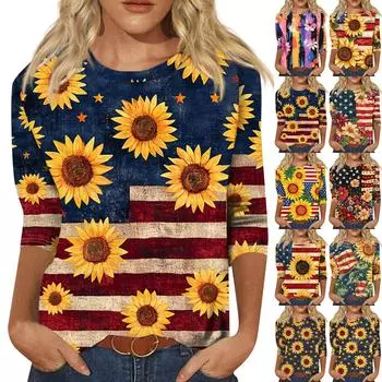 Женская мода повседневный топ с круглым вырезом и принтом на День независимости с семью рукавами S синий