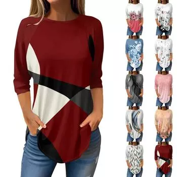 Женская мода, повседневный топ с нерегулярным узором и цветочным принтом, круглый вырез, реглан, рукав 3/4 M серый