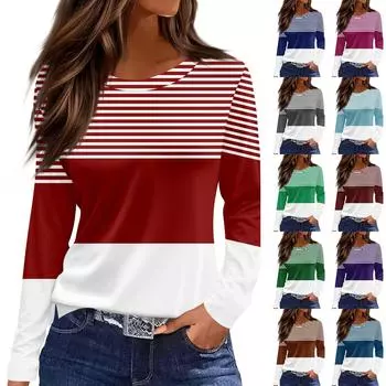 Женская мода повседневный топ с разрезом по низу и полосками в полоску с градиентным принтом и круглым вырезом с длинными рукавами L коричневый