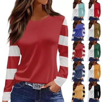 Женская мода повседневный топ с разрезом по низу и полосками в полоску с градиентным принтом и круглым вырезом с длинными рукавами L чёрный