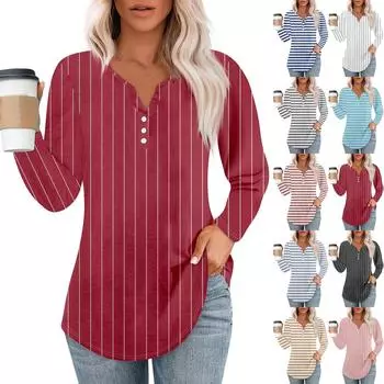 Женская мода повседневный топ с разрезом по низу и принтом в полоску и круглым вырезом с длинными рукавами XXL синий