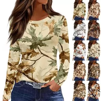 Женская мода повседневный топ с разрезом по низу и принтом мертвых листьев, круглый вырез, длинный рукав L бежевый