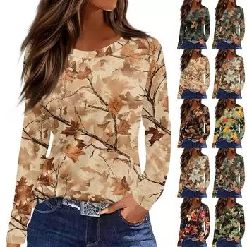Женская мода повседневный топ с разрезом по низу и принтом мертвых листьев, круглый вырез, длинный рукав L армия зеленый